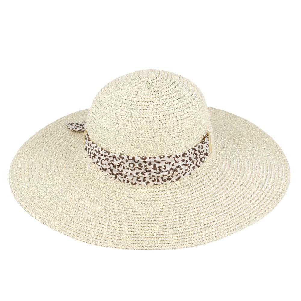 Maz Ladies Summer Paper Straw Wide Brim Floppy Hat With Leopard Band