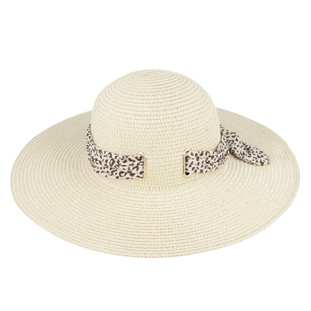 Maz Ladies Summer Paper Straw Wide Brim Floppy Hat With Leopard Band