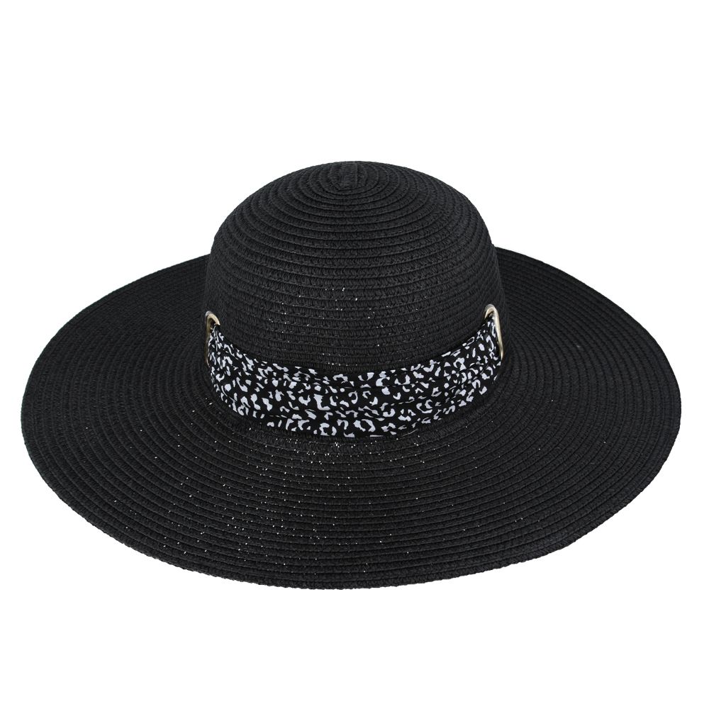 Maz Ladies Summer Paper Straw Wide Brim Floppy Hat With Leopard Band