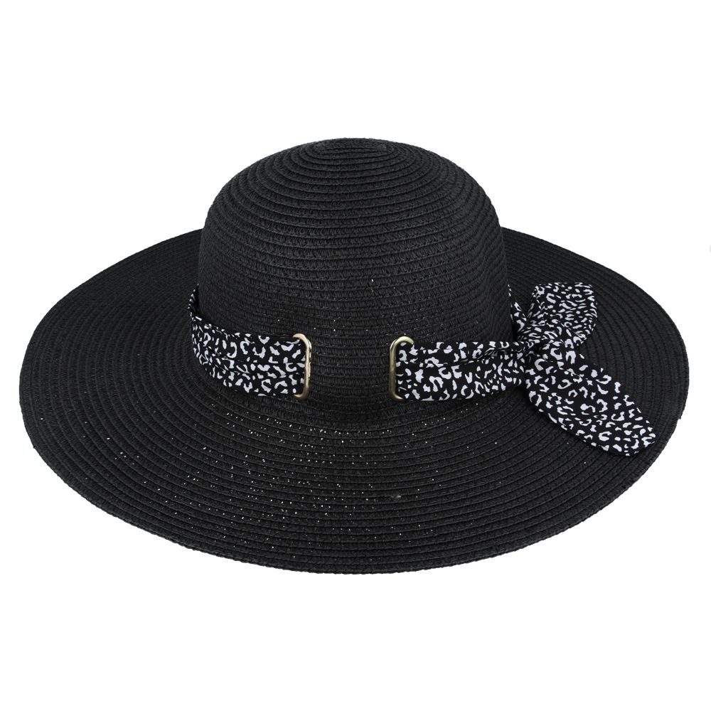 Maz Ladies Summer Paper Straw Wide Brim Floppy Hat With Leopard Band