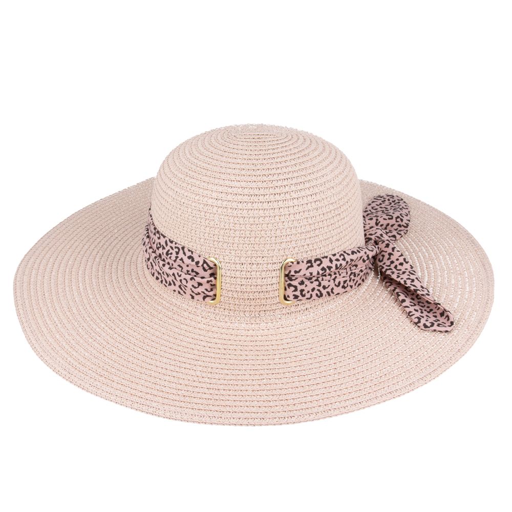 Maz Ladies Summer Paper Straw Wide Brim Floppy Hat With Leopard Band