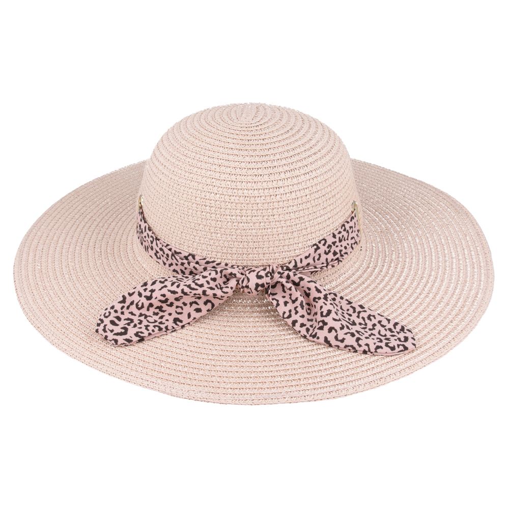 Maz Ladies Summer Paper Straw Wide Brim Floppy Hat With Leopard Band