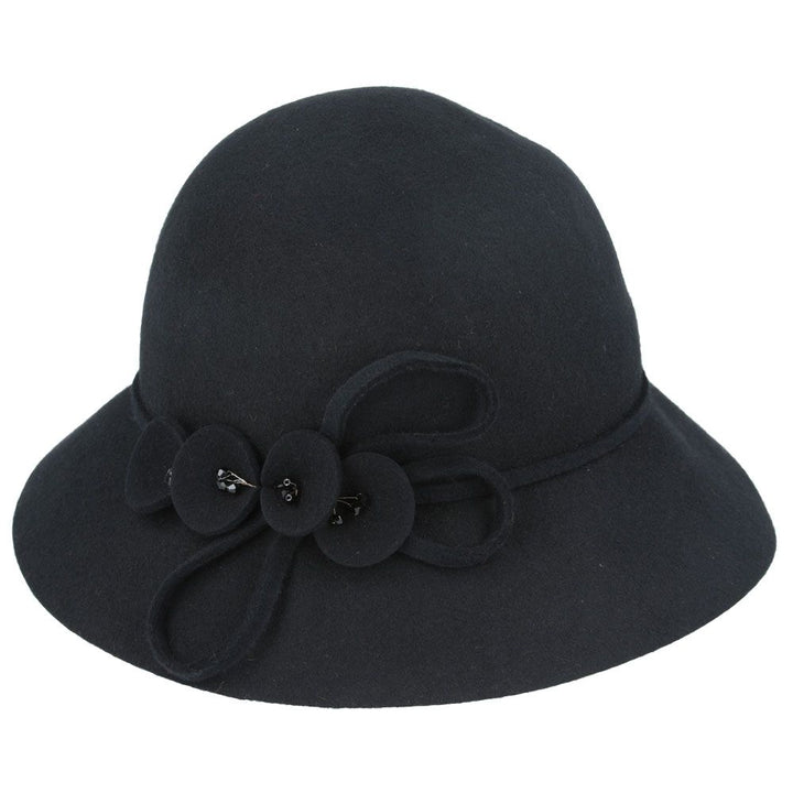 Maz Ladies Chic Vintage Wool Cloche Hat With Flower & Strap Belt Around