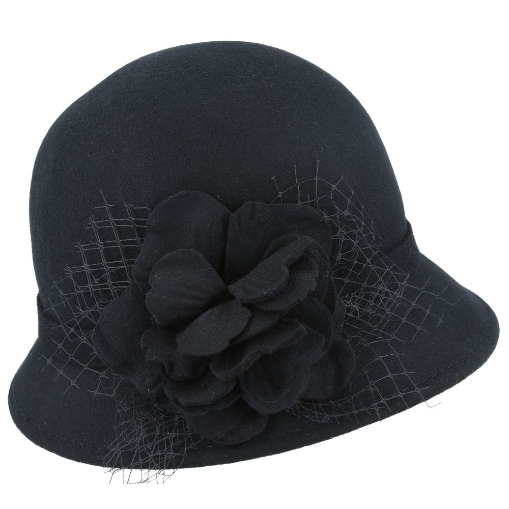 Maz Chic Vintage Wool Cloche Hat With Flower & Mesh Yarn