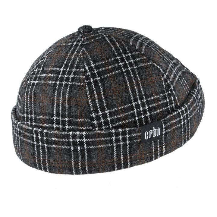 Carbon212 Check Tweed Rolled Cuff Retro Fashion Brimless Docker Hat