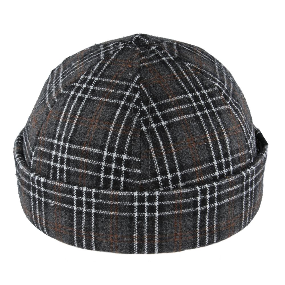 Carbon212 Check Tweed Rolled Cuff Retro Fashion Brimless Docker Hat