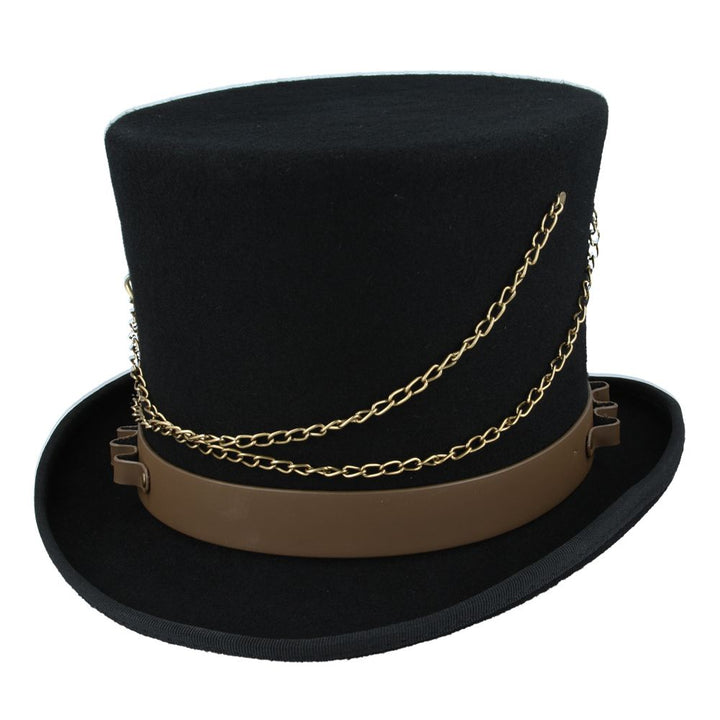 Maz Gothic Victorian Steampunk Top Hat With Laced Brown Leather Look Band